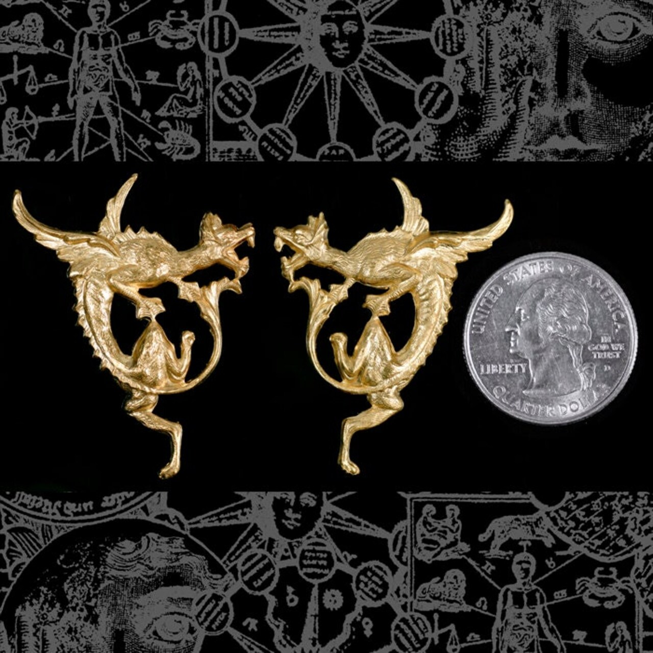 Raw Brass Flying Dragon Pendants Stampings One Pair of Dragons - B-P77